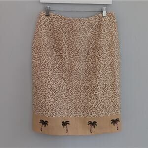 Women's Silk Club Linen Cheetah Lined Skirt with Palm Tree Embroidery Size 14